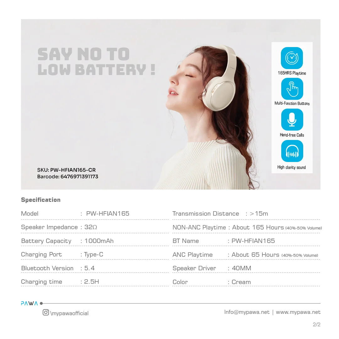 Pawa Infinite ANC Wireless Noise Cancelling Headphone 165 HRS Playtime -Cream (PW-HFIAN165-CR) Pawa Infinite ANC Wireless Noise Cancelling Headphone 165 HRS Playtime -Cream (PW-HFIAN165-CR)